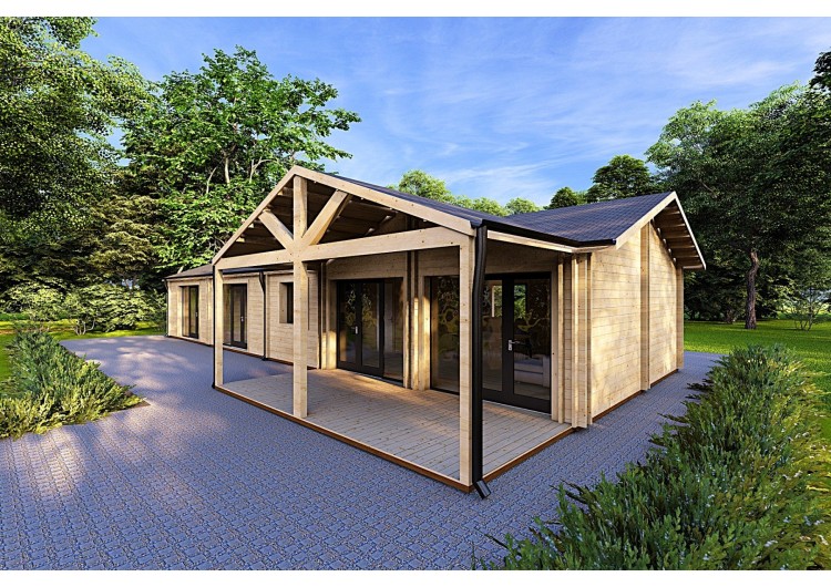 Casa prefabbricata in legno con tetto spiovente ISOTTA 125 m² 44/140/44 mm, fronte lato destro