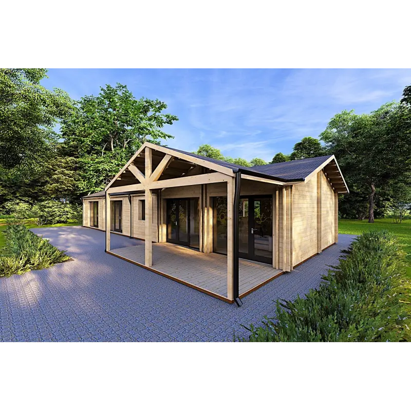 Casa prefabbricata in legno con tetto spiovente ISOTTA 125 m² 44/140/44 mm, fronte lato destro
