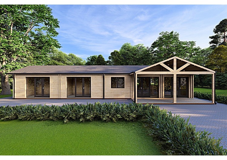 Casa prefabbricata in legno con tetto spiovente ISOTTA 125 m² 44/140/44 mm, vista frontale