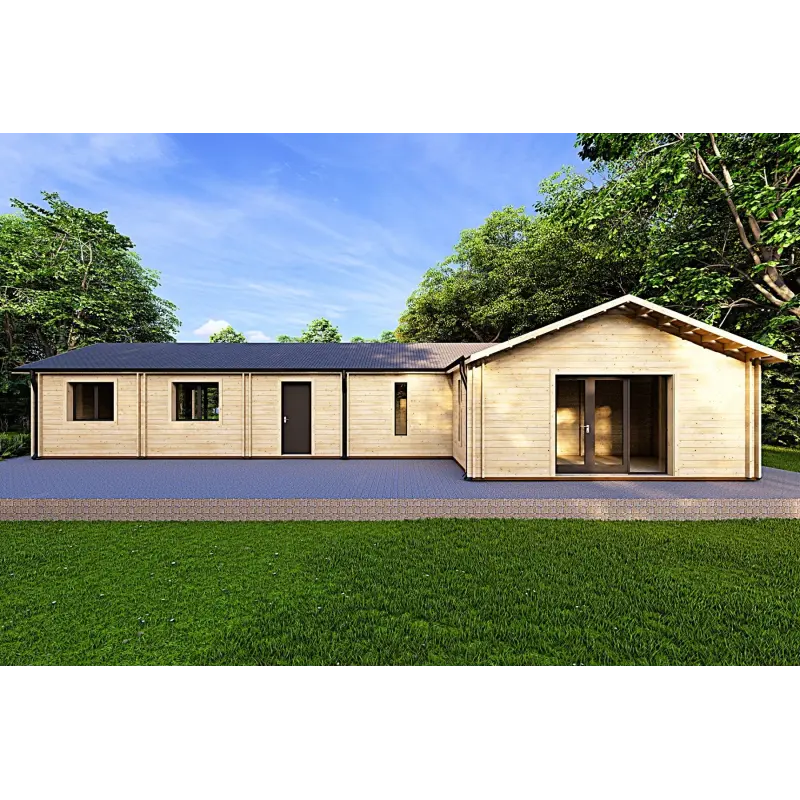 Casa prefabbricata in legno con tetto spiovente ISOTTA 125 m² 44/140/44 mm, retro