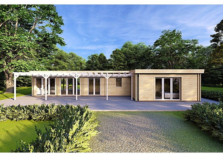 Casa abitabile in legno con portico CELESTE 143 m² 44/140/44 mm, vista frontale