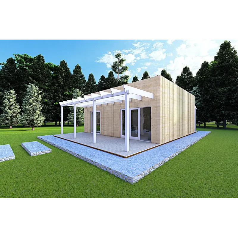 Casa in legno prefabbricata con doppia veranda NAUSICAA 98 m² 70/100/30/40 mm, fronte lato destro
