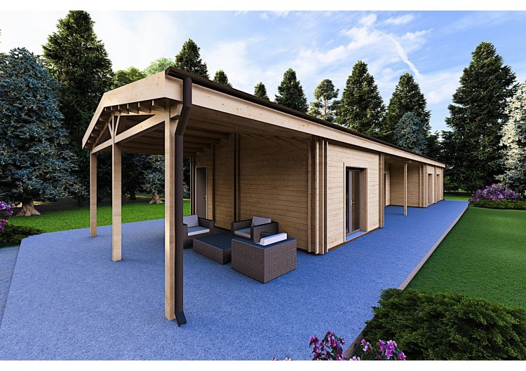 Casa abitabile in legno con tettoia auto CLIO 135 m² 44/140/44 mm, fronte lato destro