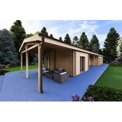 Casa abitabile in legno con tettoia auto CLIO 135 m² 44/140/44 mm, fronte lato destro