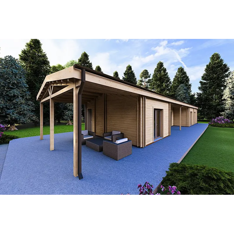 Casa abitabile in legno con tettoia auto CLIO 135 m² 44/140/44 mm, fronte lato destro