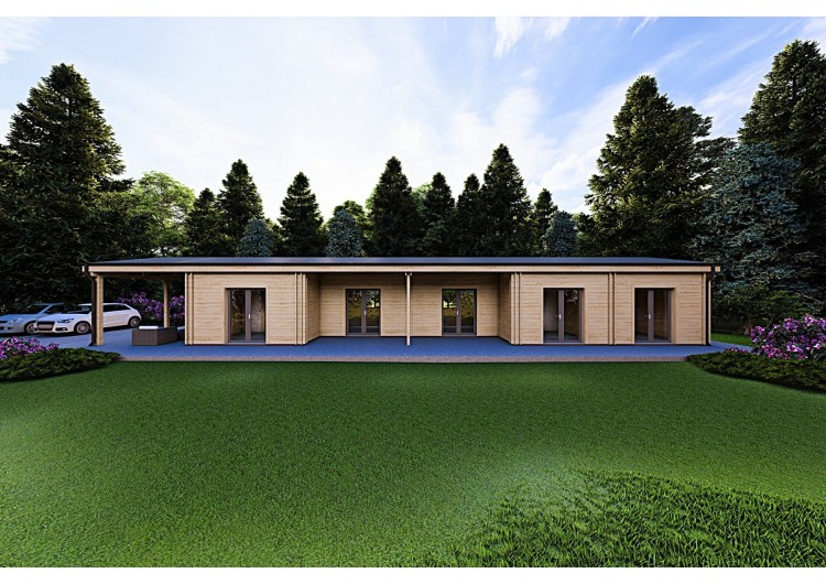 Casa abitabile in legno con tettoia auto CLIO 135 m² 44/140/44 mm, vista frontale