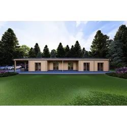 Casa abitabile in legno con tettoia auto CLIO 135 m² 44/140/44 mm, vista frontale