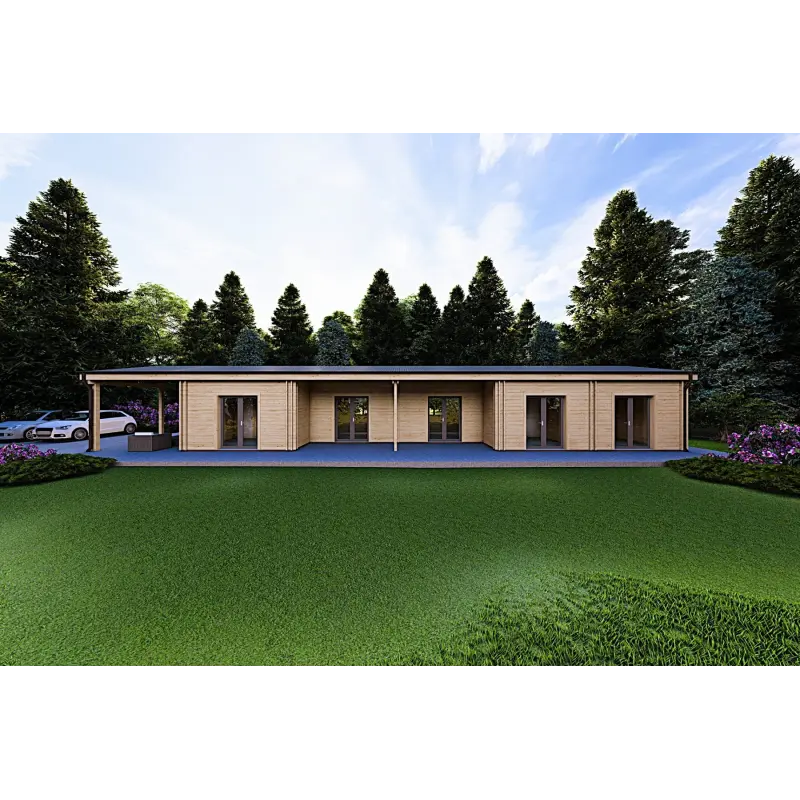 Casa abitabile in legno con tettoia auto CLIO 135 m² 44/140/44 mm, vista frontale