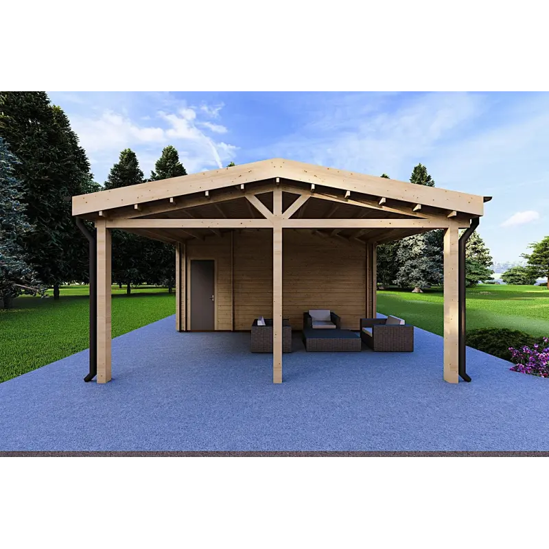 Casa abitabile in legno con tettoia auto CLIO 135 m² 44/140/44 mm, lato destro