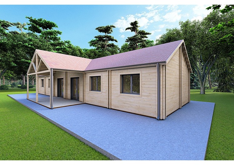 Casa prefabbricata di legno con patio GINEVRA 129 m² 44/140/44 mm, fronte lato destro