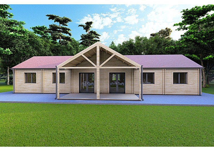 Casa prefabbricata di legno con patio GINEVRA 129 m² 44/140/44 mm, vista frontale