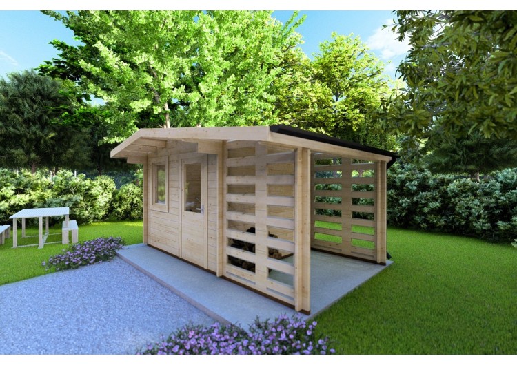 Casa in legno da giardino AURORA con legnaia 4.5x2.5 44mm, fronte lato destro