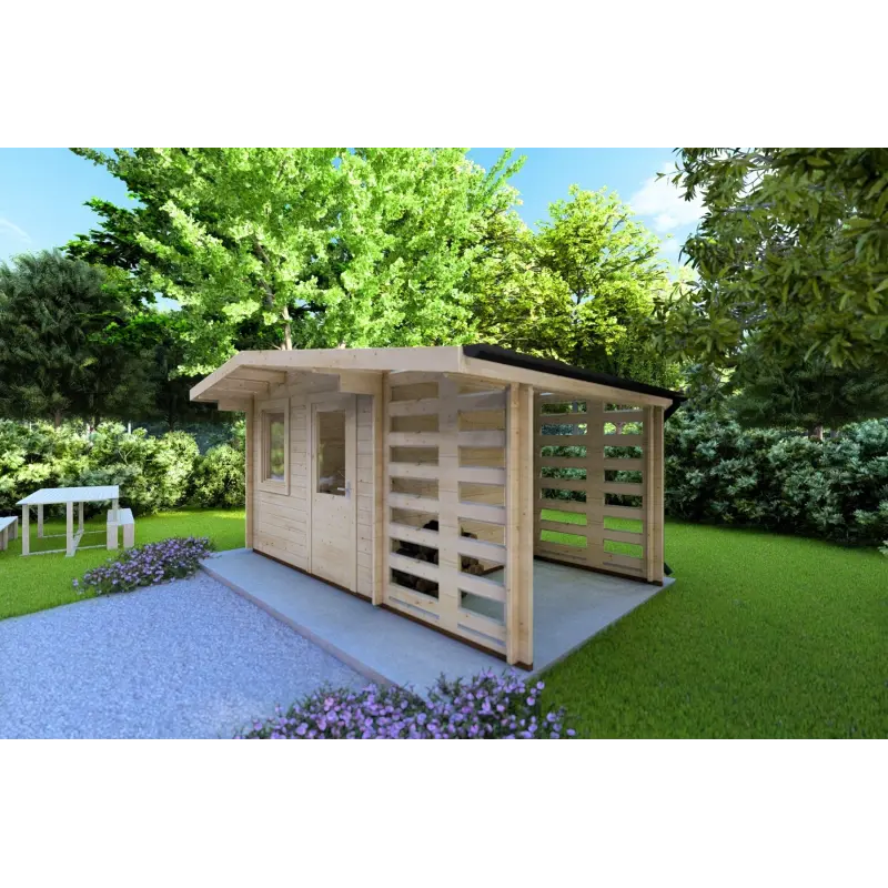 Casa in legno da giardino AURORA con legnaia 4.5x2.5 44mm, fronte lato destro