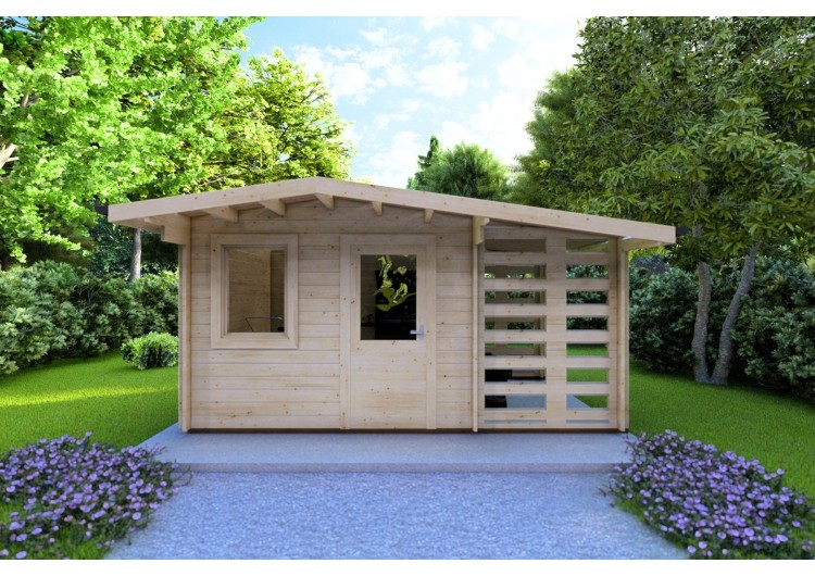 Casa in legno da giardino AURORA con legnaia 4.5x2.5 44mm, vista frontale