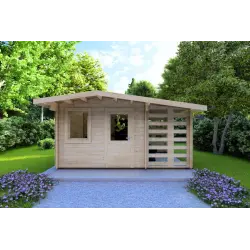 Casa in legno da giardino AURORA con legnaia 4.5x2.5 44mm, vista frontale