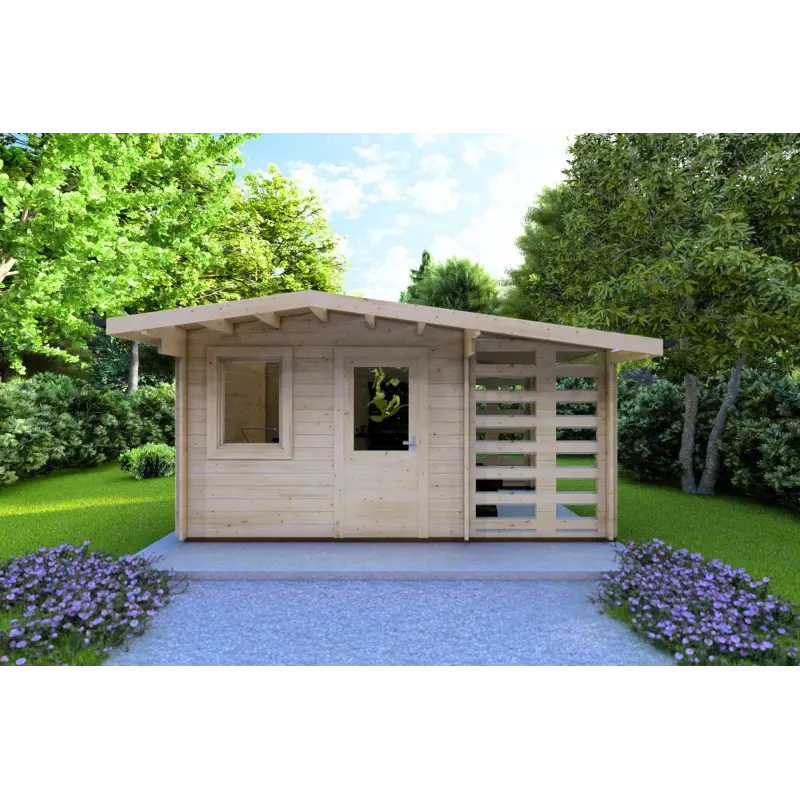 Casa in legno da giardino AURORA con legnaia 4.5x2.5 44mm, vista frontale