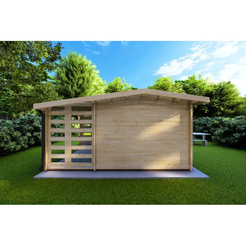Casa in legno da giardino AURORA con legnaia 4.5x2.5 44mm, retro