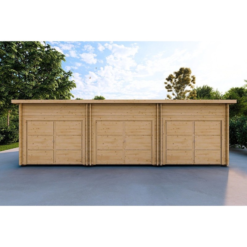Garage di legno TRE POSTI 9x6 44mm, vista frontale