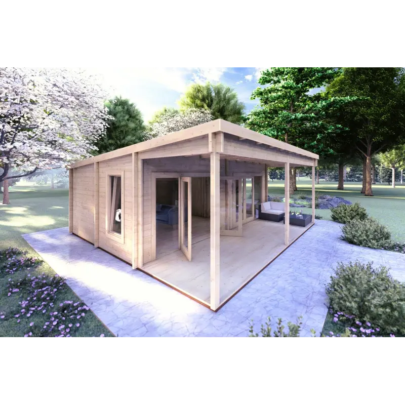 Casa di legno con portico ALICE 7x6.4 44mm, fronte lato sinistro