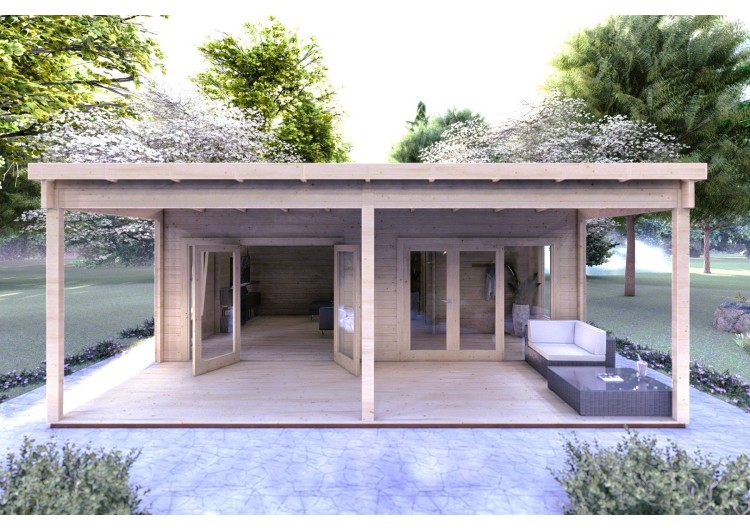 Casa di legno con portico ALICE 7x6.4 44mm, vista frontale