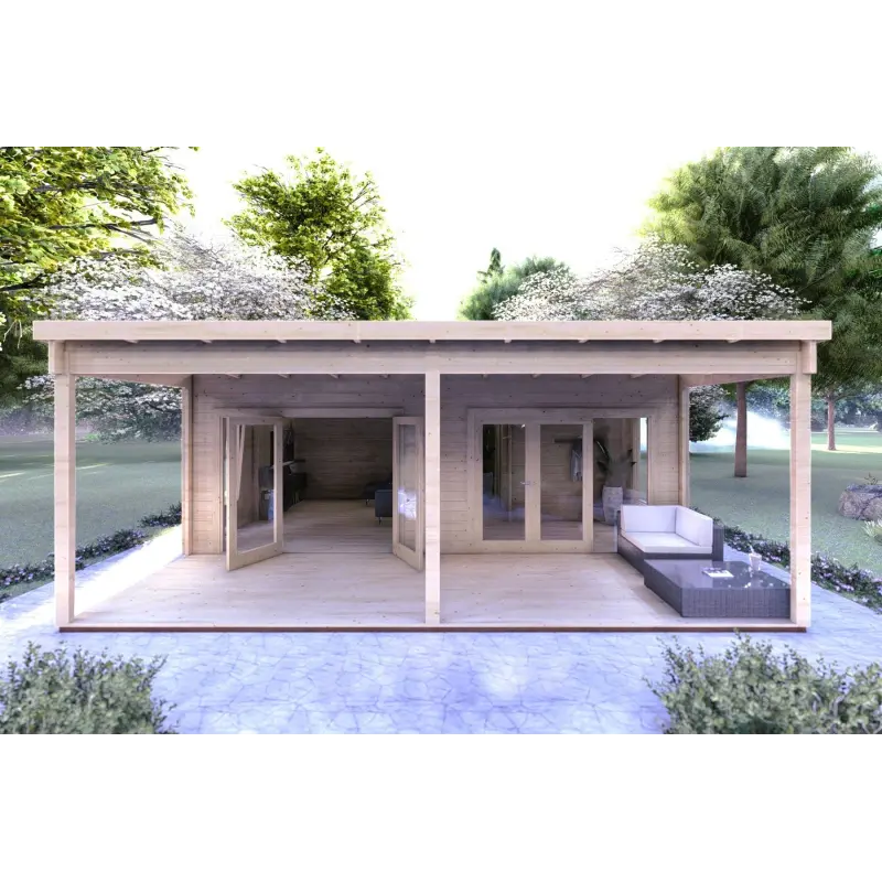Casa di legno con portico ALICE 7x6.4 44mm, vista frontale