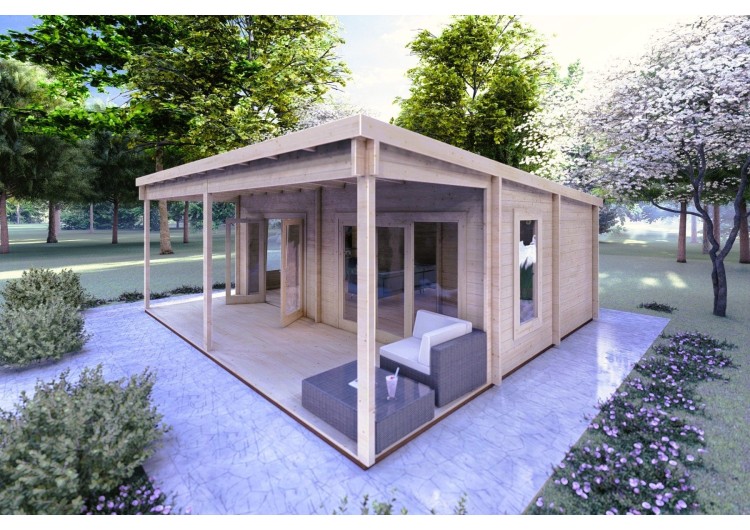 Casa di legno con portico ALICE 7x6.4 44mm, fronte lato destro