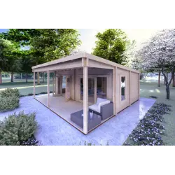 Casa di legno con portico ALICE 7x6.4 44mm, fronte lato destro