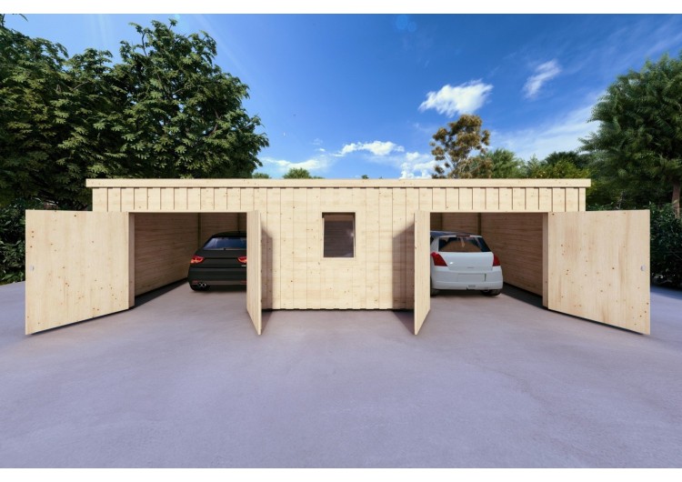 Garage di legno doppio mono falda con ripostiglio personale 9.6x6.4 44/80/30/40 mm, vista frontale