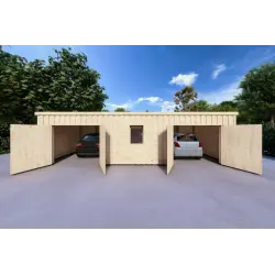 Garage di legno doppio mono falda con ripostiglio personale 9.6x6.4 44/80/30/40 mm, vista frontale
