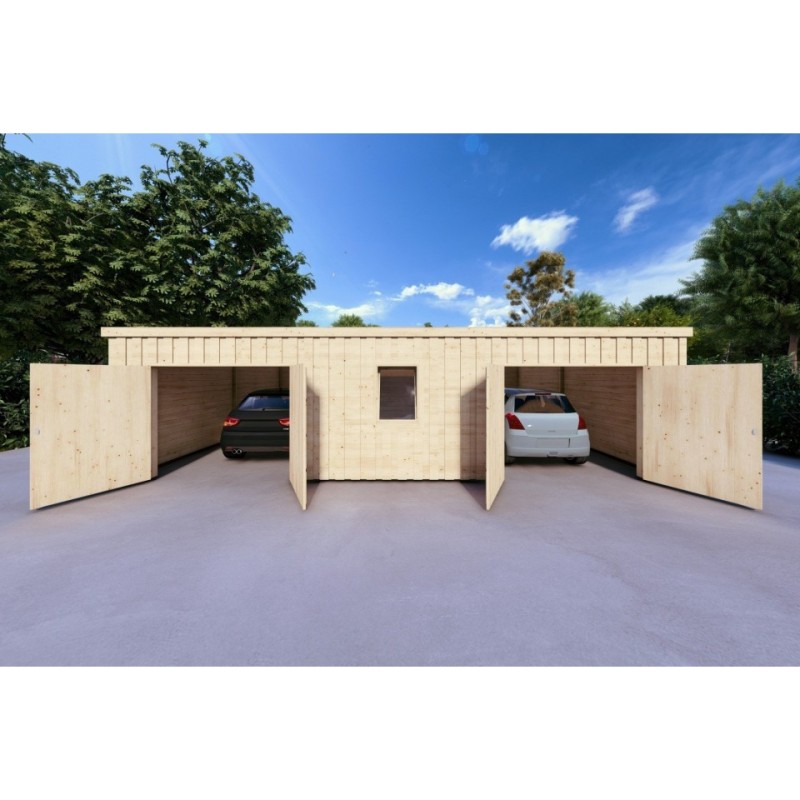 Garage di legno doppio mono falda con ripostiglio personale 9.6x6.4 44/80/30/40 mm, vista frontale