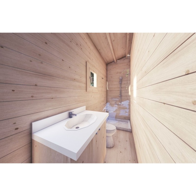 Casa in legno con patio GIANNA 6.5x5.4 44mm, interno bagno