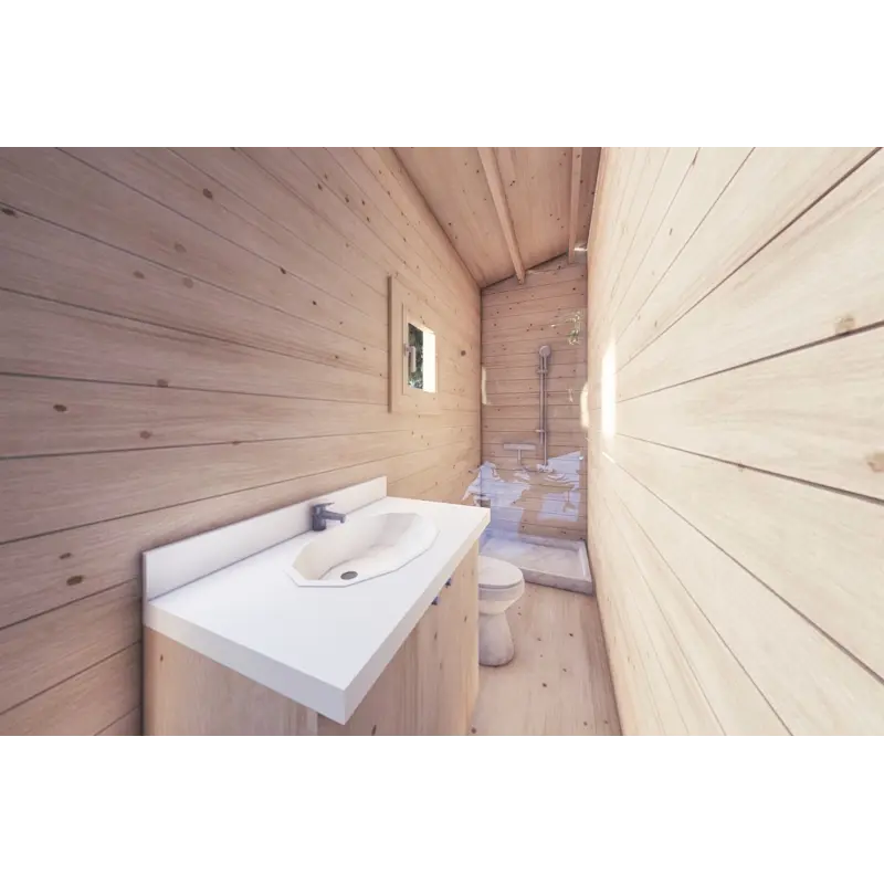 Casa in legno con patio GIANNA 6.5x5.4 44mm, interno bagno