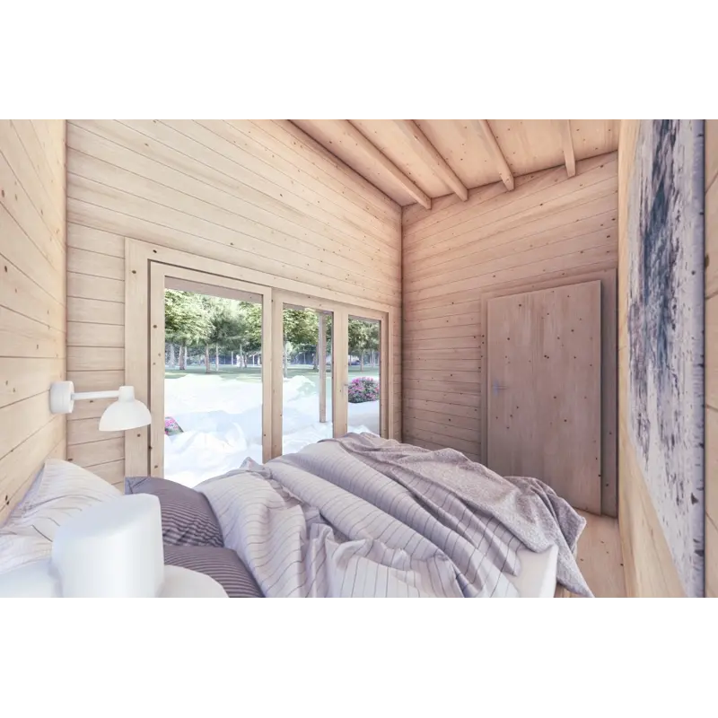 Casa in legno con patio GIANNA 6.5x5.4 44mm, interno camera matrimoniale