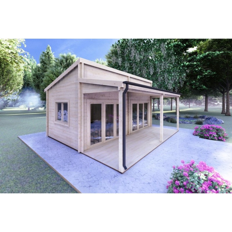 Casa in legno con patio GIANNA 6.5x5.4 44mm, fronte lato sinistro