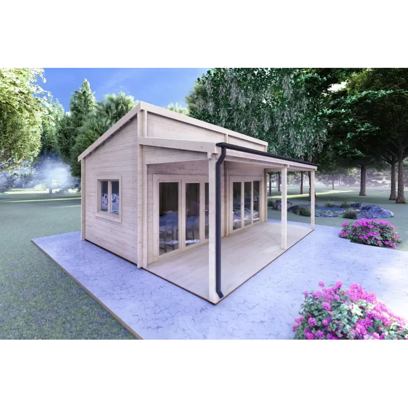 Casa in legno con patio GIANNA 6.5x5.4 44mm, fronte lato sinistro