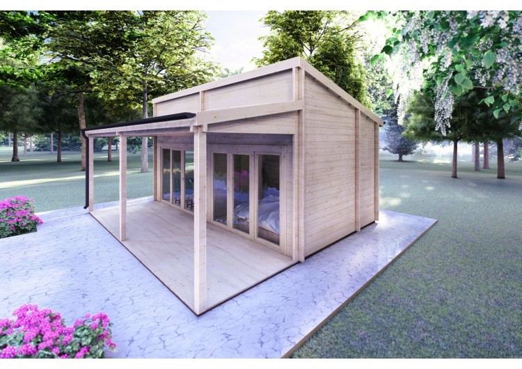 Casa in legno con patio GIANNA 6.5x5.4 44mm, fronte lato destro