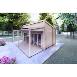 Casa in legno con patio GIANNA 6.5x5.4 44mm, fronte lato destro