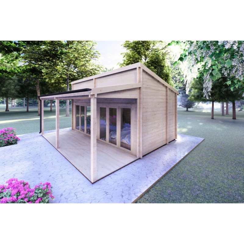 Casa in legno con patio GIANNA 6.5x5.4 44mm, fronte lato destro