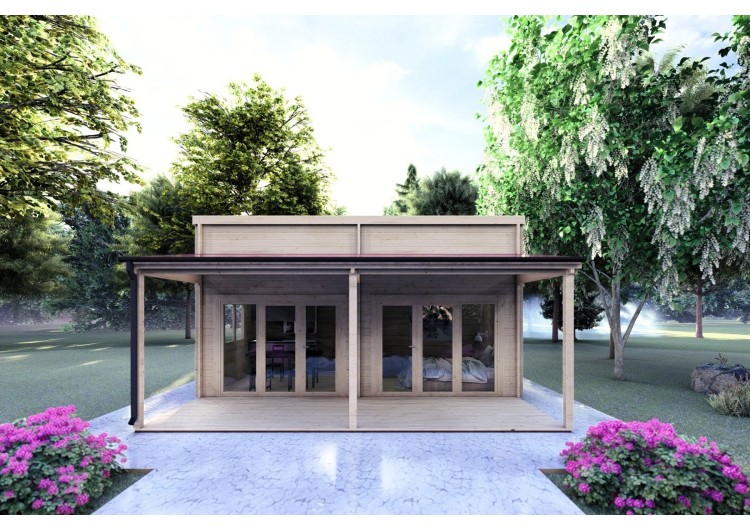 Casa in legno con patio GIANNA 6.5x5.4 44mm, vista frontale