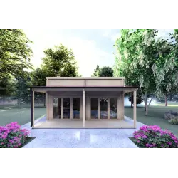 Casa in legno con patio GIANNA 6.5x5.4 44mm, vista frontale