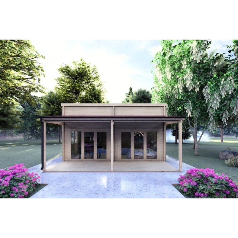 Casa in legno con patio GIANNA 6.5x5.4 44mm, vista frontale