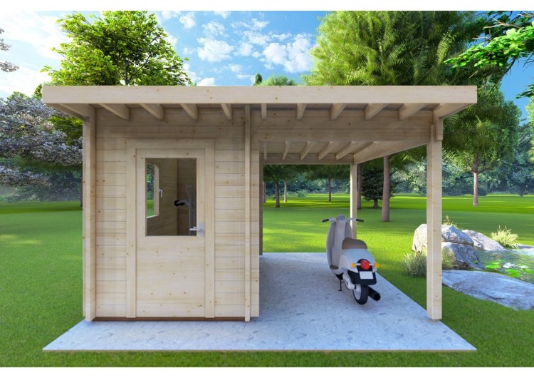 Casetta da giardino AMARISSA con tettoia 3x4 44mm, vista frontale