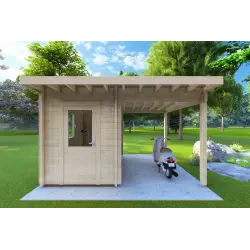 Casetta da giardino AMARISSA con tettoia 3x4 44mm, vista frontale