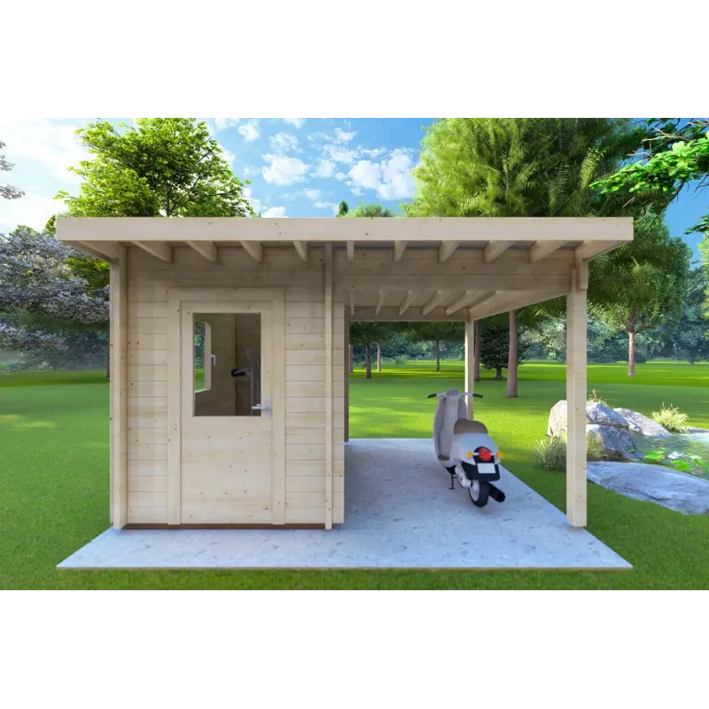 Casetta da giardino AMARISSA con tettoia 3x4 44mm, vista frontale