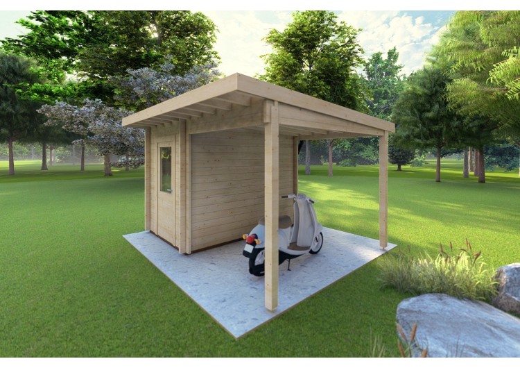 Casetta da giardino AMARISSA con tettoia 3x4 44mm, fronte lato destro