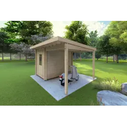 Casetta da giardino AMARISSA con tettoia 3x4 44mm, fronte lato destro