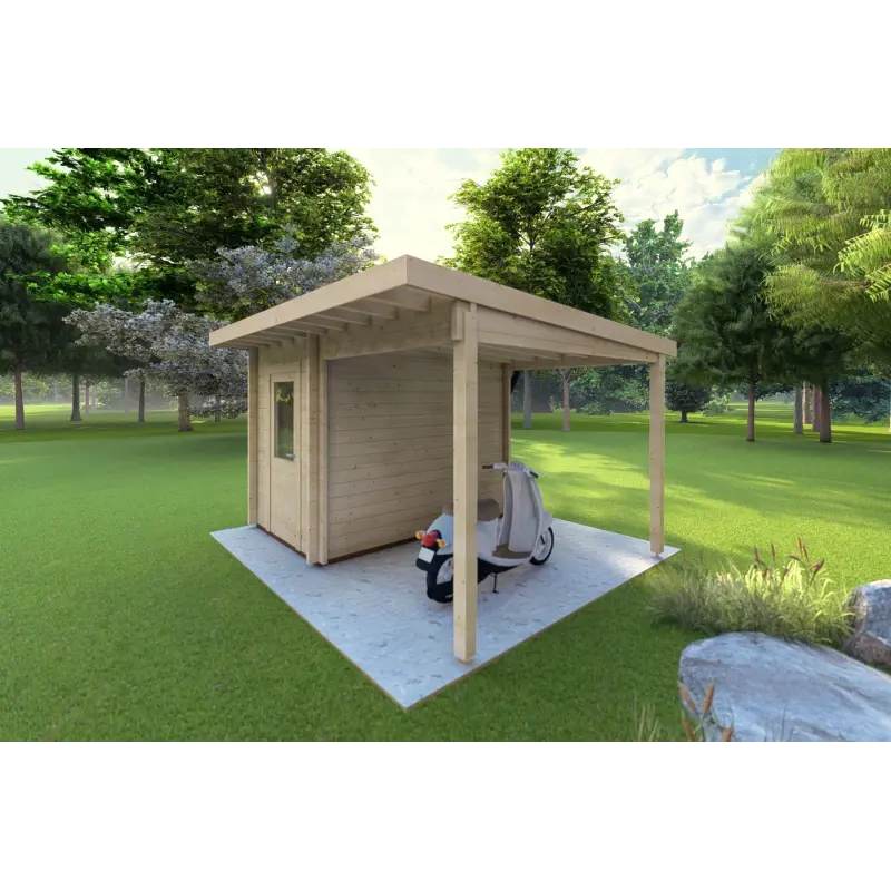 Casetta da giardino AMARISSA con tettoia 3x4 44mm, fronte lato destro