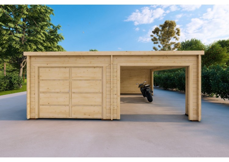 Garage in legno con tettoia mono falda 38 m² 44mm, vista frontale
