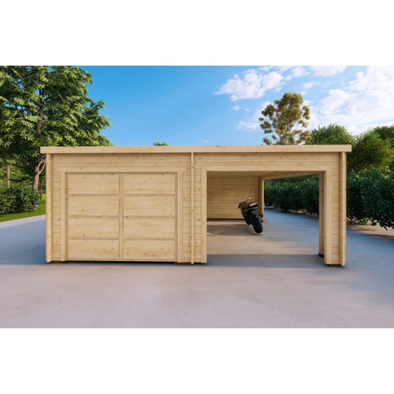 Garage in legno con tettoia mono falda 38 m² 44mm, vista frontale