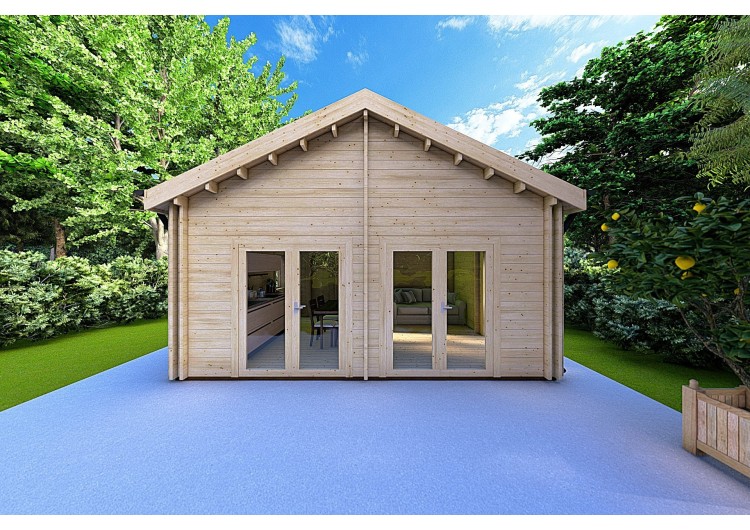 Casa in legno coibentata SILVIA 5.5x7.4 44/100/44 mm, vista frontale